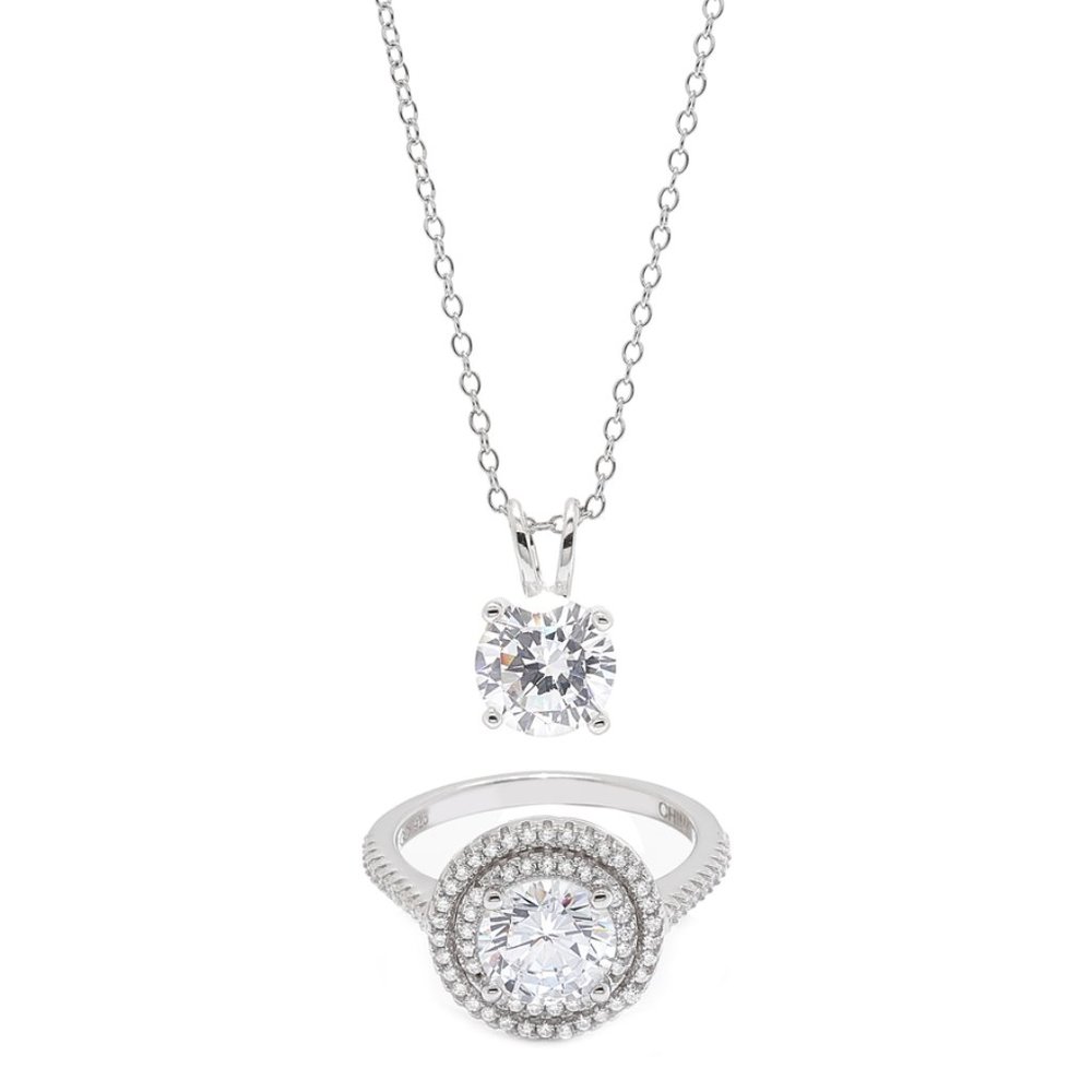 Diamonelle .925 Sterling Silver Plated Ring & Pendant with Chain Set Size 7 or 8